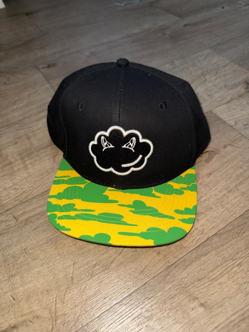 Cloud kickers Black Snapback Hat with Green & Yellow Camouflage Brim